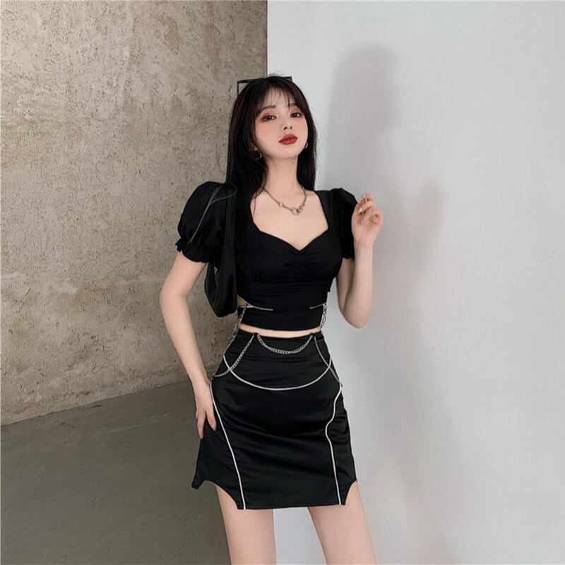 フレンチスクエアカラーパフスリーブシャツレディースサマーデザインセンスニッチシャツ2020新作ブラック半袖トップス ブラックストロベリース66865116814