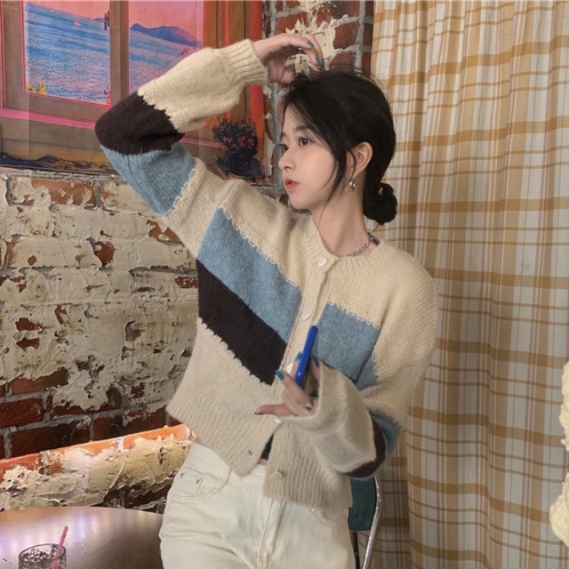 オータムカラーストライプスタンダードショートスタイルセーター ニットカーディガンジャケット レディース レトロ 秋物 YY-ファッション10469485377