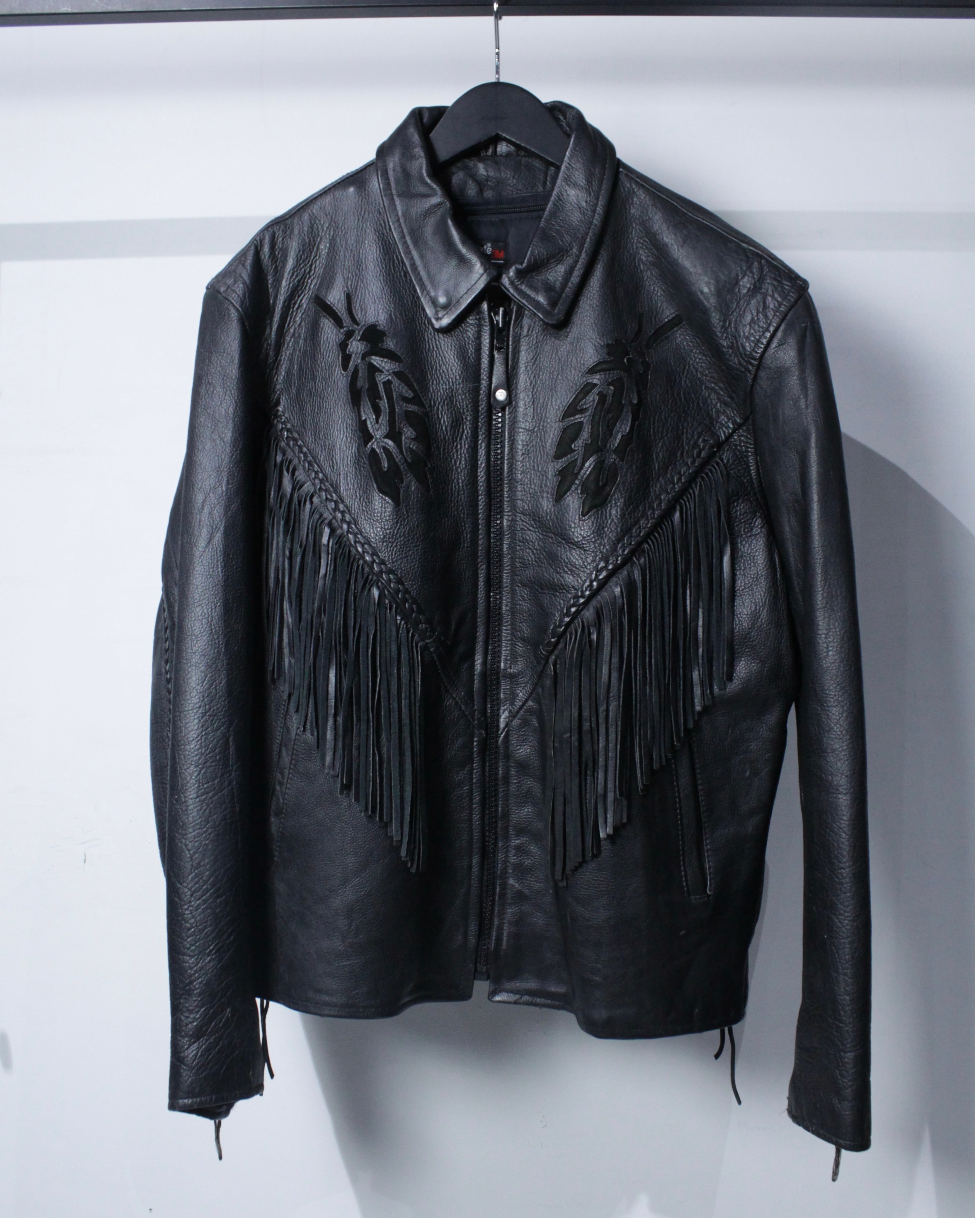 Caka BLACK】Special Fringe Vintage Zip Up Leather Jacket | Caka