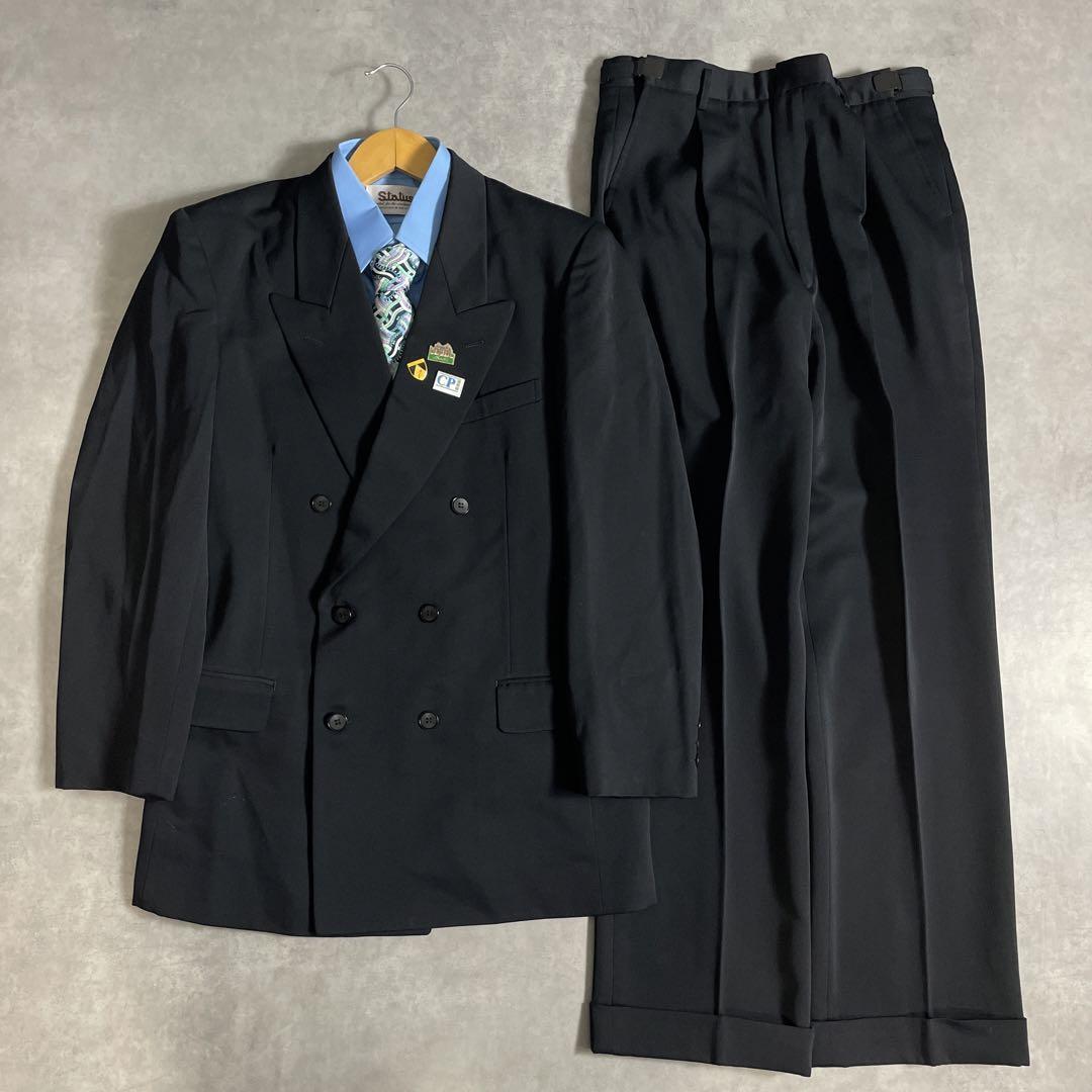 80s-90s スーツ ダブル セットアップ成人式vol.142一点物 黒青緑