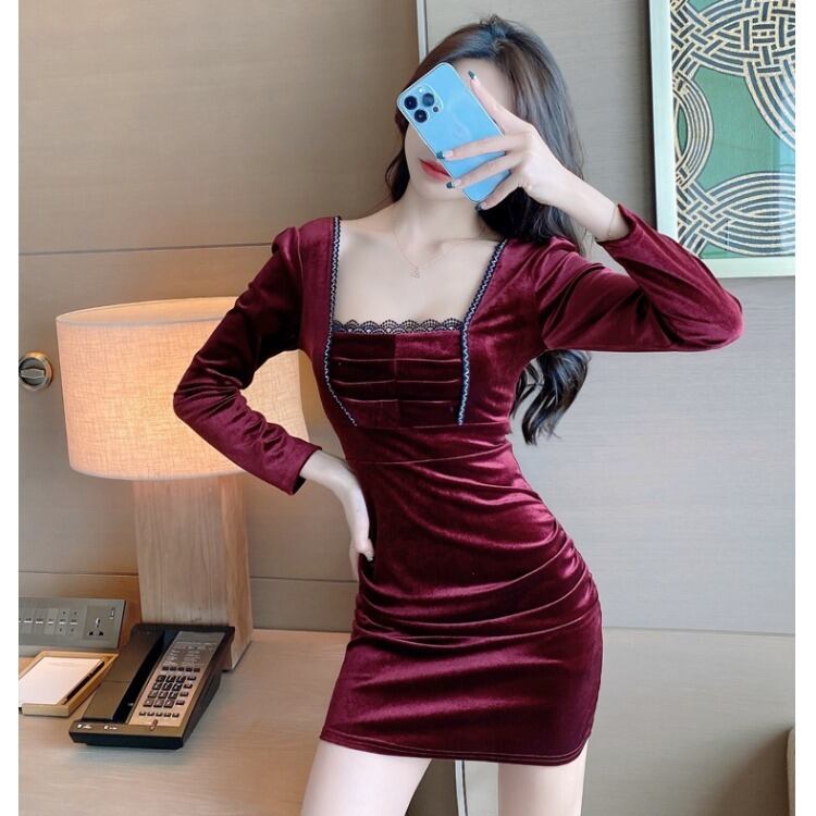 【新作】【送料無料】 2023 秋と冬の韓国スタイルのセレブ気質セクシーなゴールドベルベットのドレススリムでスリムなフレンチドレス 6069 0127129663648