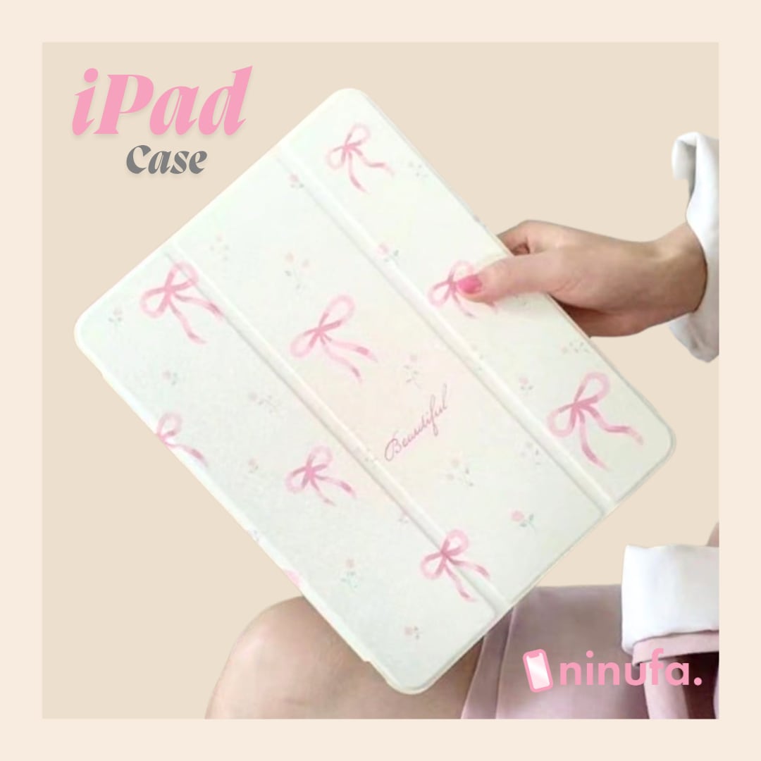 【iPadカバー】リボンが可愛い◎iPadケース 耐衝撃 タブレット 蝶々結び 鏡面 アイパッド おしゃれ シンプル 可愛い カバー 韓国 ピンク iPadケース ND-15306