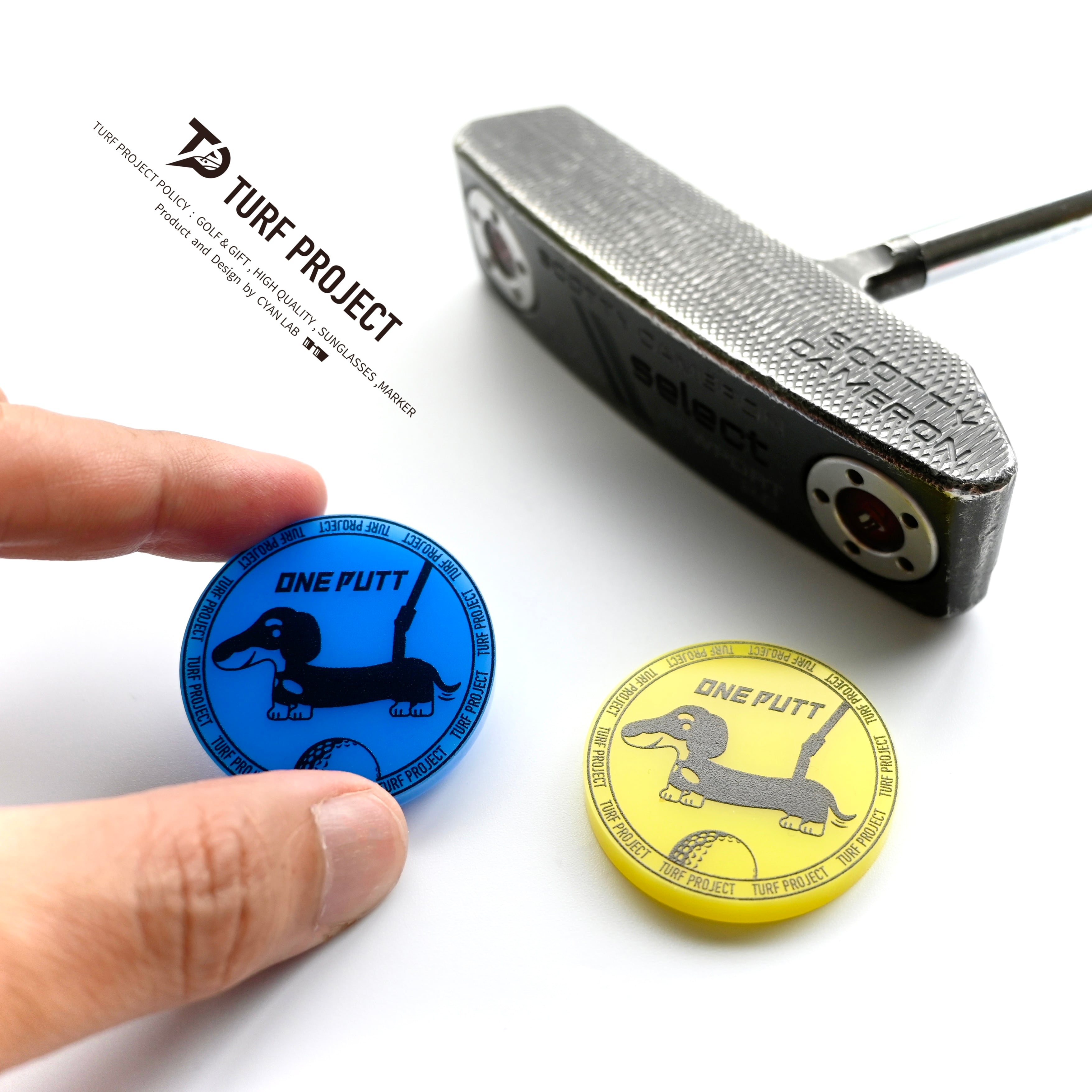TURF PROJECT　数量10個限定デザイン 青黄ゴルフマーカー［犬ワンパット］2色セット