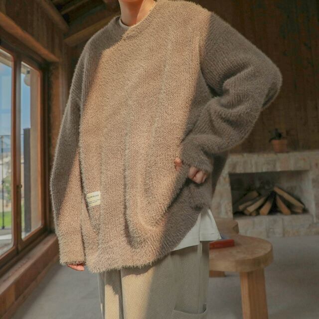 予約販売】ニット セーター オーバーサイズ モヘア タグ ルーズ 無地
