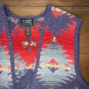 1990's～  LAUREN  RALPH  LAUREN NATIVE PATTERN HAND KNIT VEST  【サイズ表記 3X】 /  1990年代～ ロレーン ラルフローレンネイティブ柄 ハンドニット ベスト