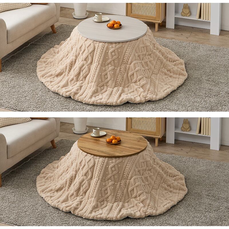 【完成品】円形折れ脚カジュアルコタツ＋うす掛け布団 2点セット 天板リバーシブル こたつ2種x掛け布団2種 モネ68モクモク 幅68cm