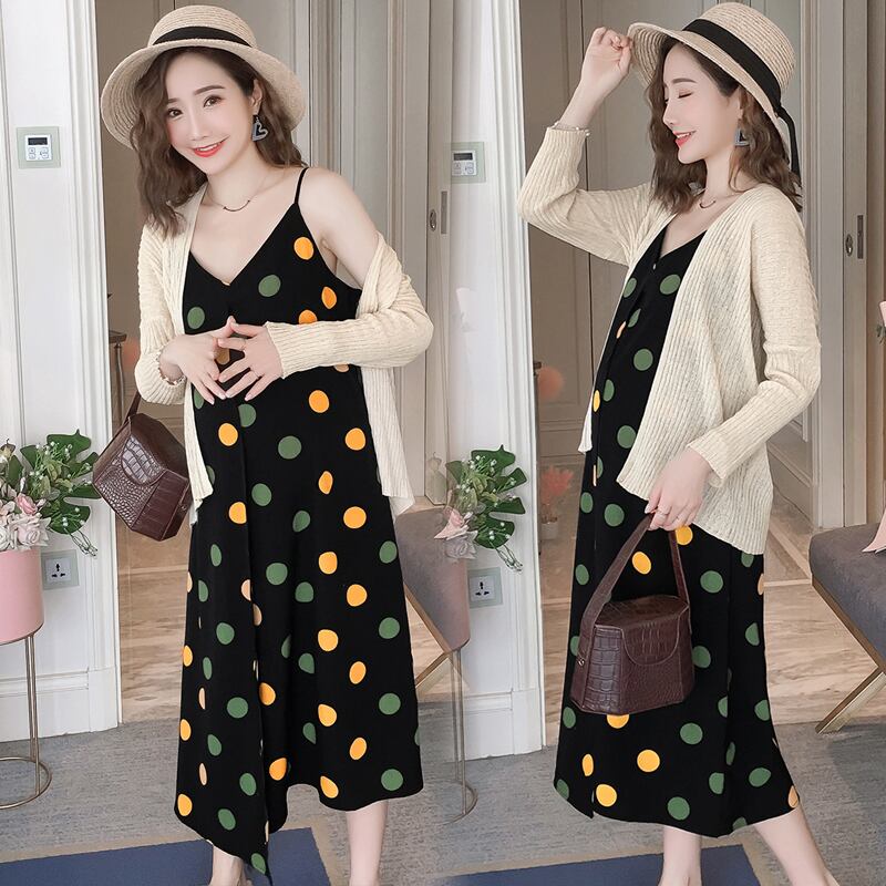 【新作】【送料無料】 9016＃Tシャツ+ドレスマタニティ服ドット印刷ルーズスタイリッシュなツーピース長袖ドレス妊婦ママドレス ロング AL expec353338359243