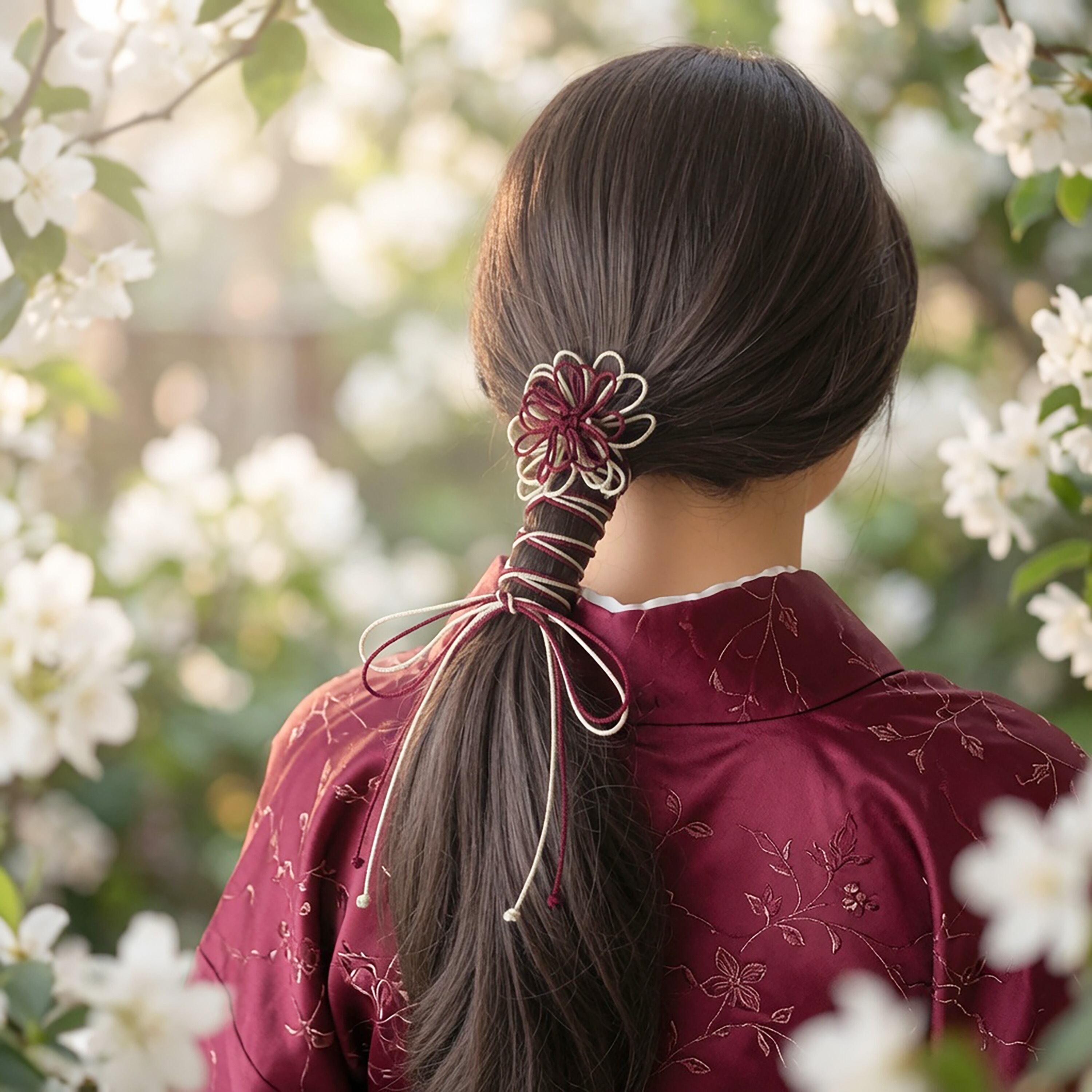飾り結びヘアゴム「ほろかたり、君」(臙脂×アイボリー)|着物・浴衣に簡単アレンジで和装ヘア