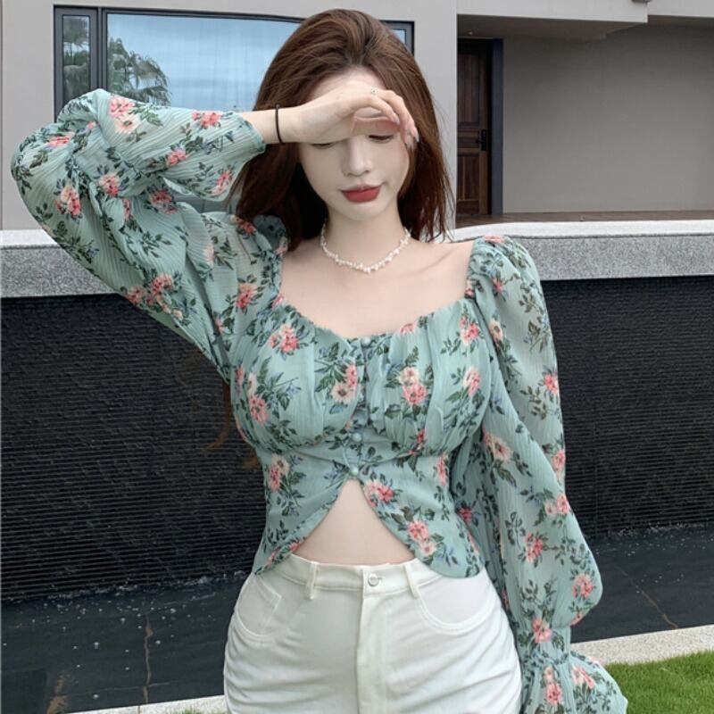 シフォンシャツ ショートフローラルサマートップス ロング 夏物 花柄 YY-ファッション72750501390