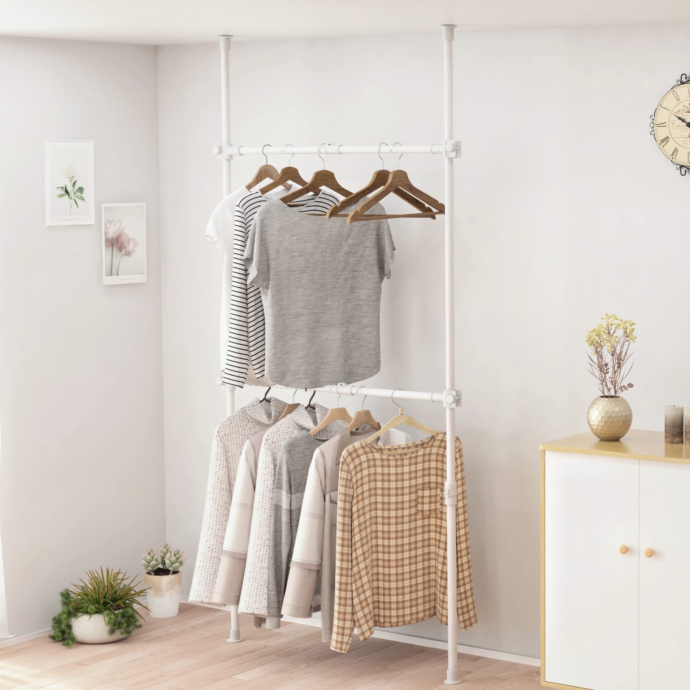 IMIEE ハンガーラック 突っ張り 突っ張りラック ダブル パイプハンガー 洋服ラック ポールハンガー 服掛け ワイドタイプ 縦横伸縮 横80-120cm 縦110-310cm 頑丈 耐荷重70kg ポールハンガー ツッパリ 衣類収納 ツッパリ 部屋干し 大容量 組立かんたん 工具不要 省スペース(ホワイト)