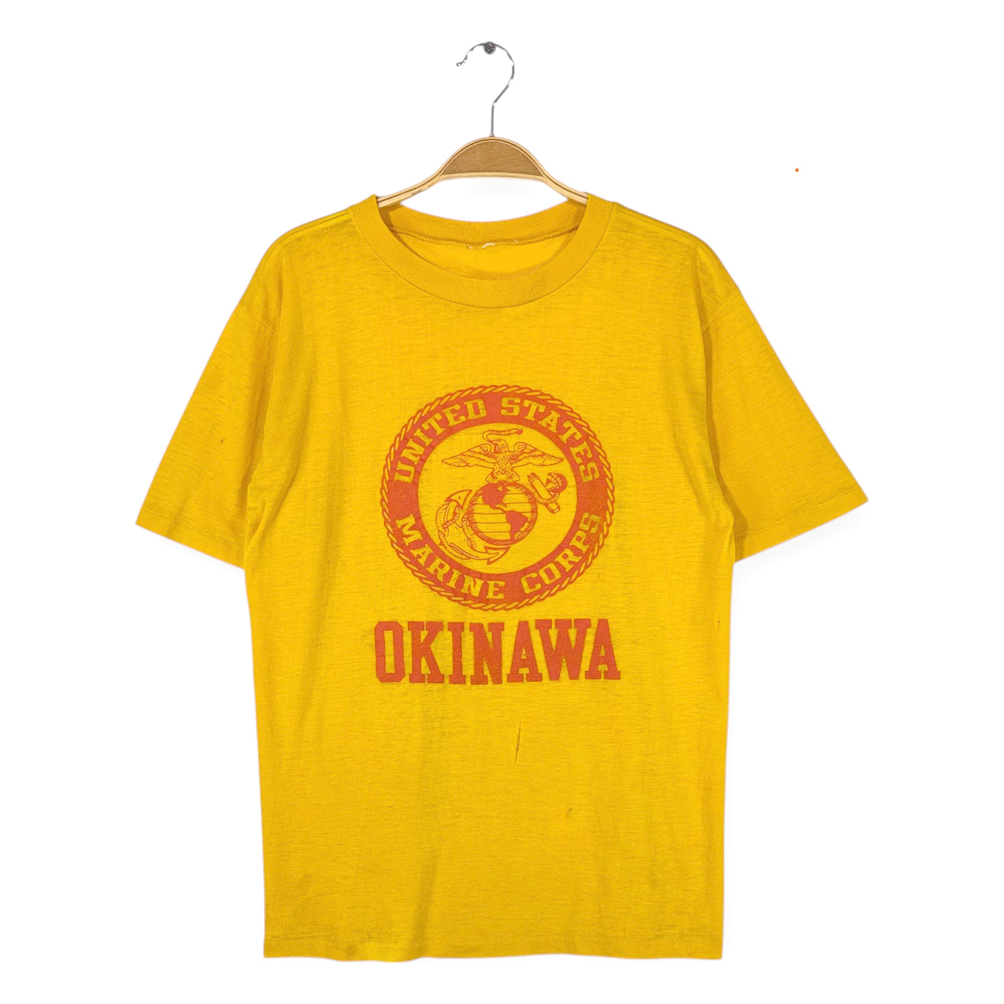 70s USMC ミリタリー ヴィンテージTシャツ イエロー 沖縄米軍基地 US MARINE CORPS シングルステッチ メンズL相当 古着 @BZ0463