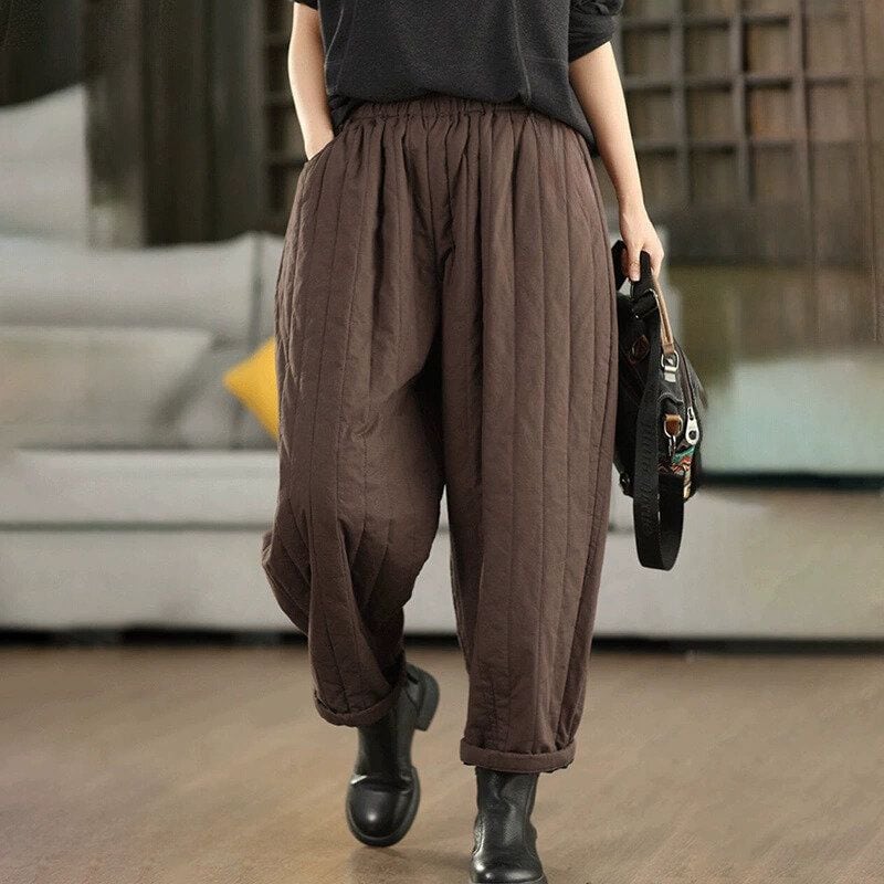 BROWN ELASTIC WAIST PADDED CASUAL PANTS 1color M-15051