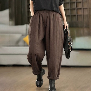 BROWN ELASTIC WAIST PADDED CASUAL PANTS 1color M-15051