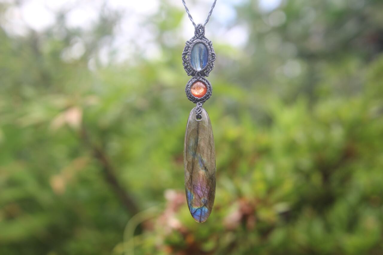 Multi Purple Labradorite & Sunstone & Kyanite micro macrame pendant