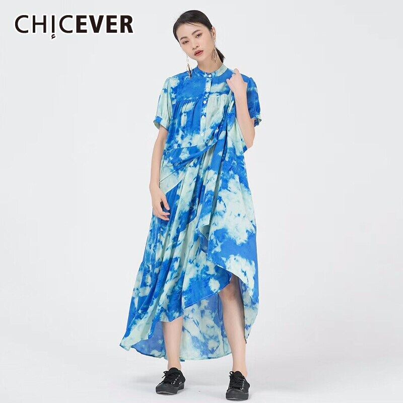 CHICEVERプリントヒットカラードレスレディーススタンドカラーパフ半袖フリーサイズミディサマードレス洋服2020 ショート ハーフスリーブ 夏物 6base581084057185