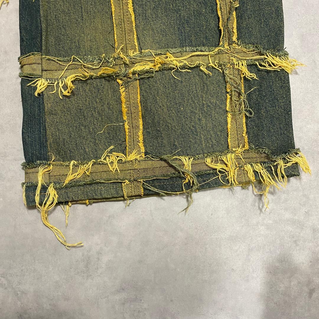 リメイクデニム ブルーデニム ワイド フレア 再構築 M 青 黄