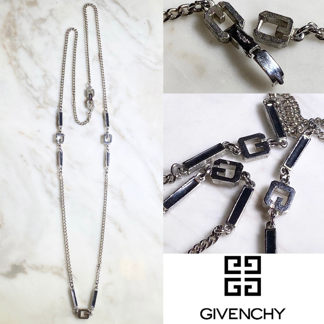 vintage GIVENCHY silver color metal long chain necklace