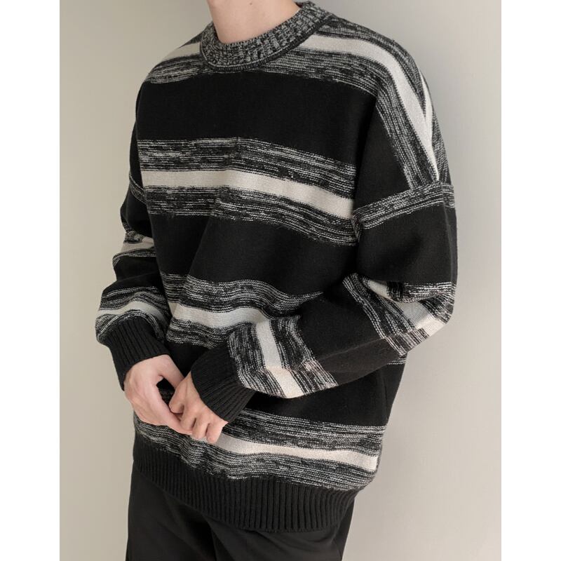 crew neck horizontal stripe oversized long sleeve knit mr0143