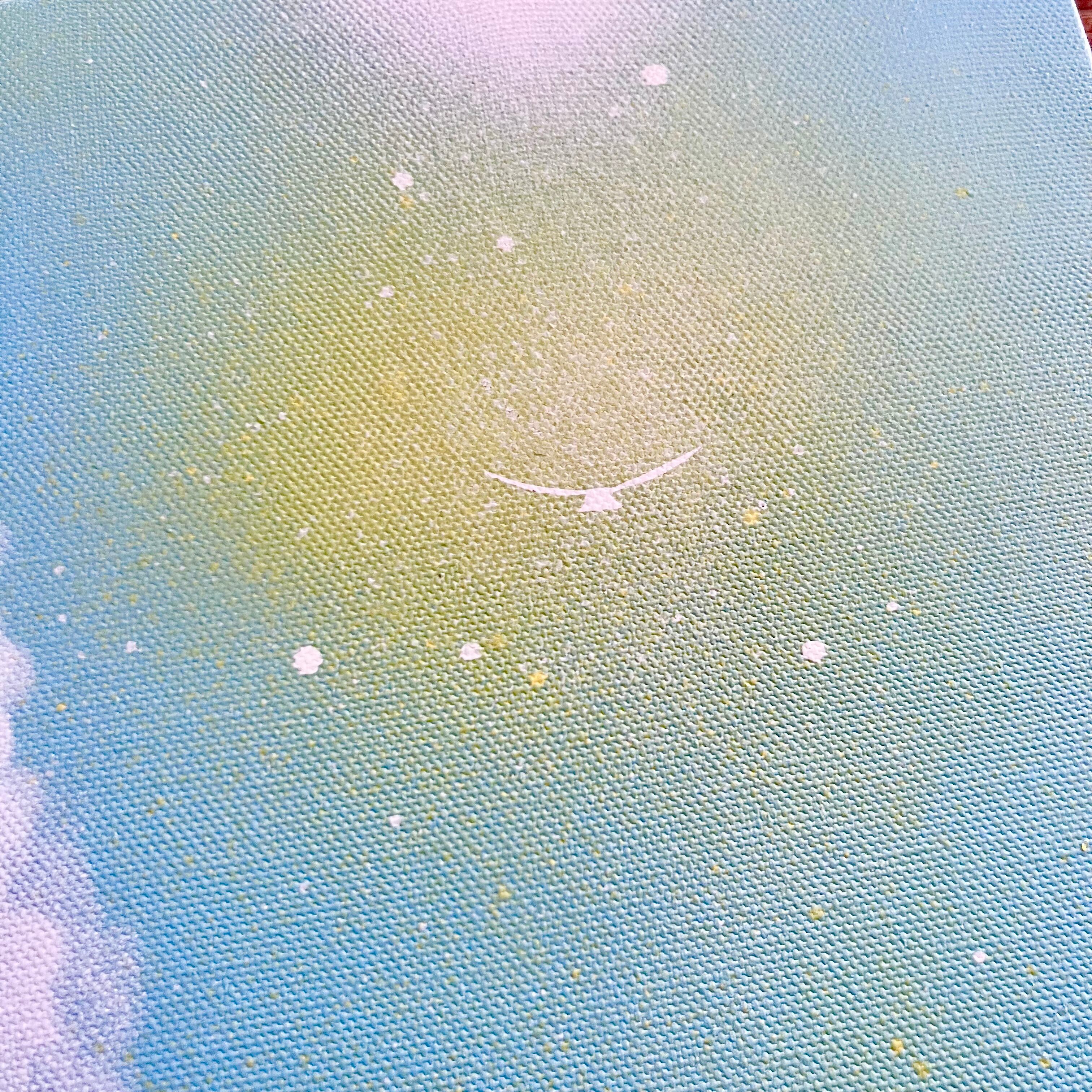 空の彼方」 原画 輝く光×飛んでいく鳥 水色 黄 白 絵画 キャンバス