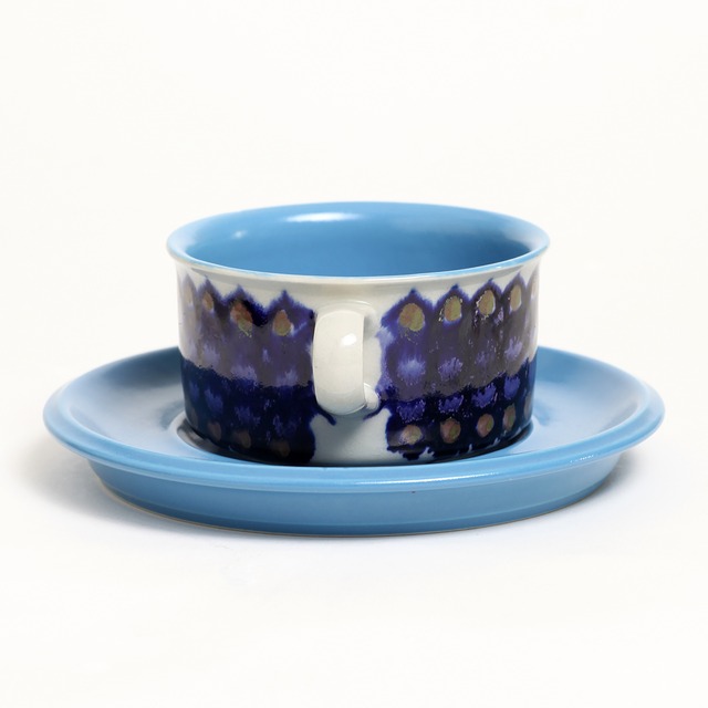 ARABIA アラビア Hilkka-Liisa Ahola ヒルッカ・リーサ・アホラ 葡萄色の玉模様のティーカップ＆ソーサー（空色） - 5 北欧ヴィンテージ