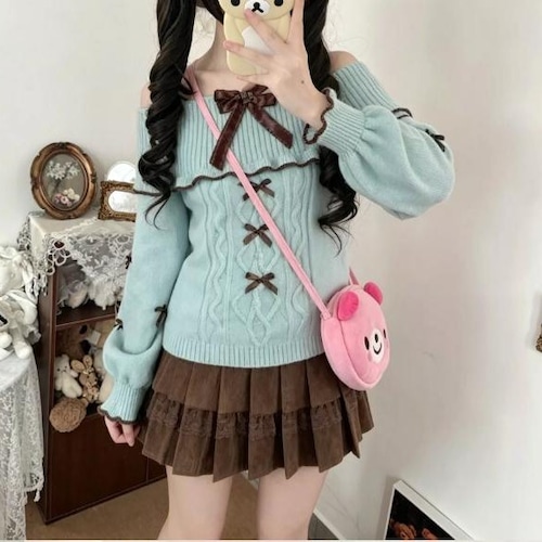 ゆめかわ♡全３カラー　リボン付きオフショルニット　tops41