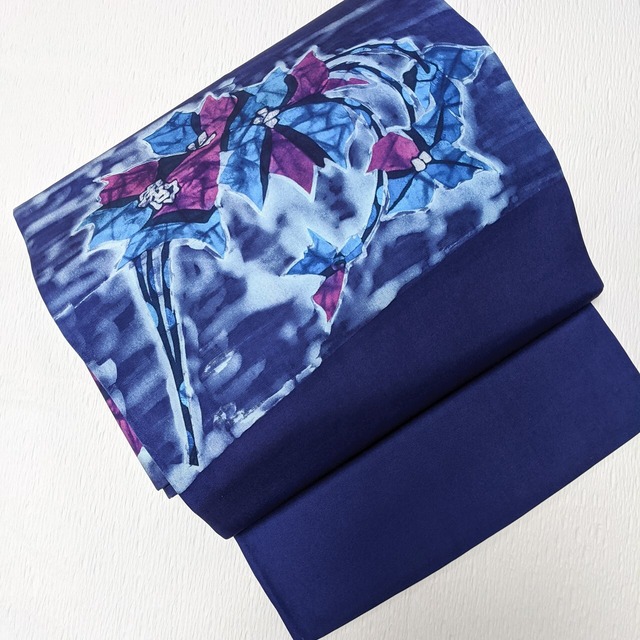 セット【幅広め】9寸名古屋帯 お太鼓柄 抽象花柄ろうけつ染め調 青