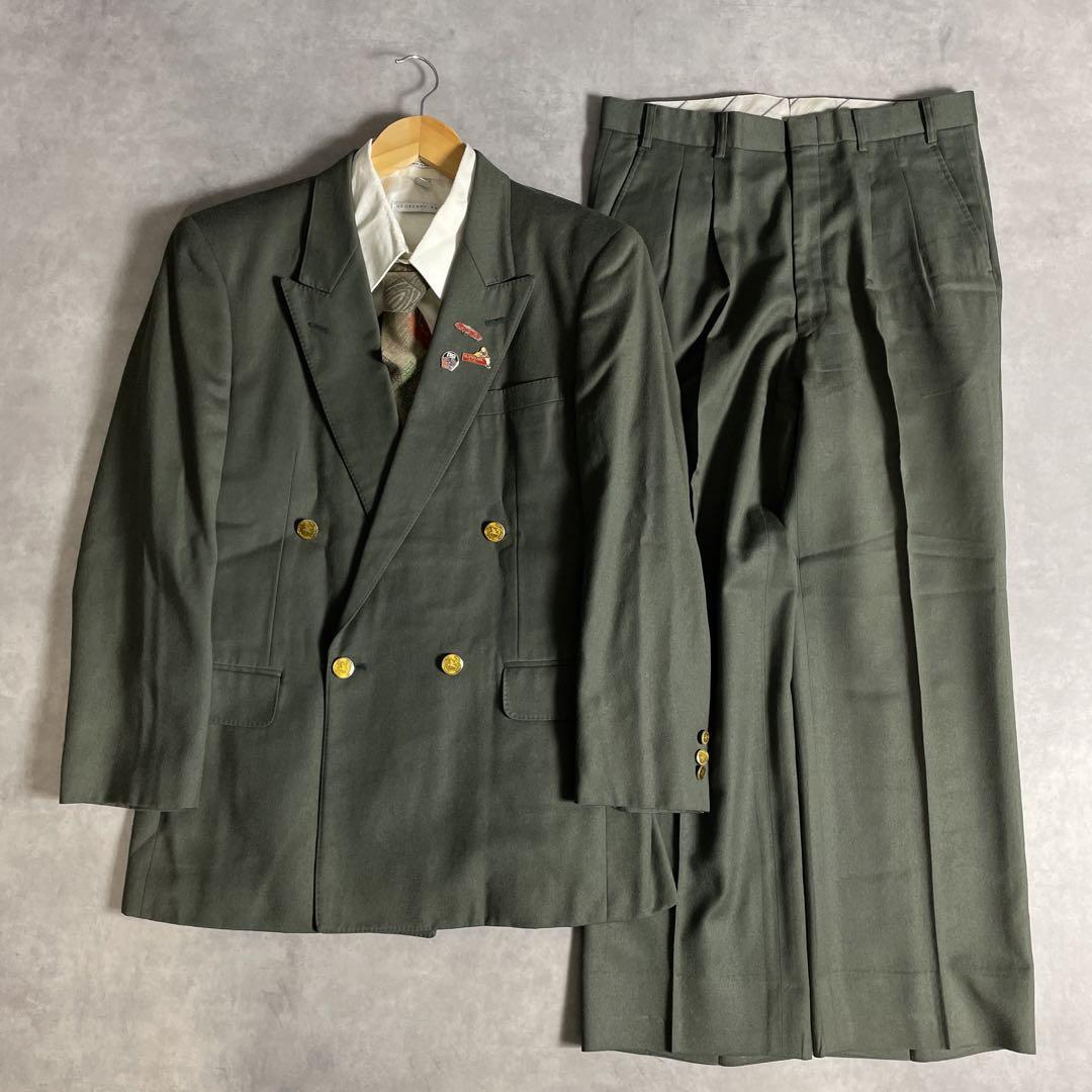 80s-90s スーツ ダブル セットアップ成人式vol.206グリーン金ボタン