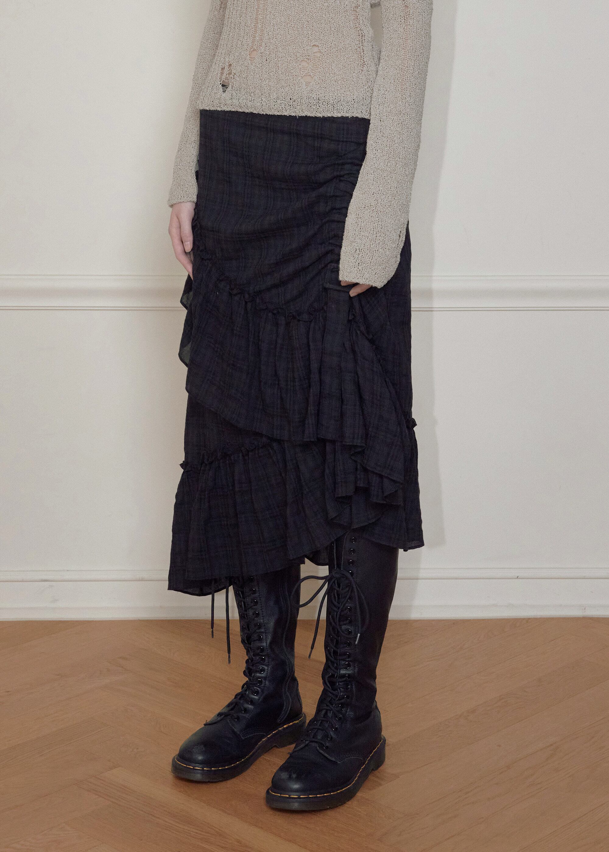 BOHEMSEO] DRAPED FRILL STRAP SKIRT, BLACK 正規品 韓国ブランド 韓国
