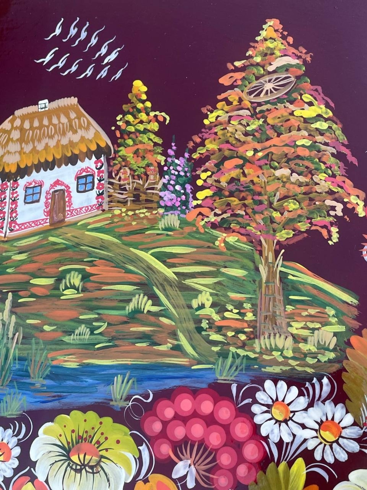 【秋が私の庭にやって来た。】ペトリキウカ塗り　壁掛け手描き絵画（ヴァレンティナ・ホメンコ） - 10