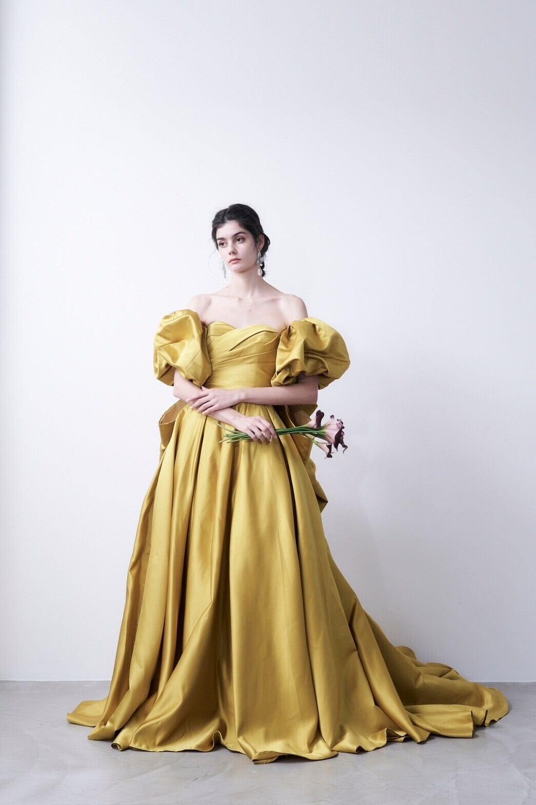 3waysマスタードイエローカラードレス ロング丈 ベアトップ 取り外し  