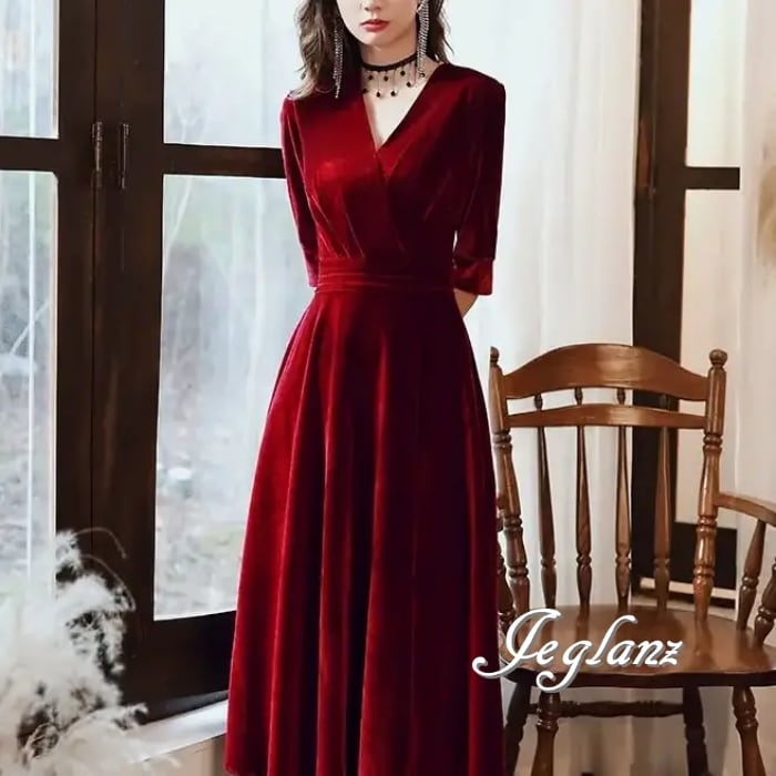 4色 パーティ ドレス ベロア調 光沢感 5分袖/長袖 3パターン ♪(MB401)η