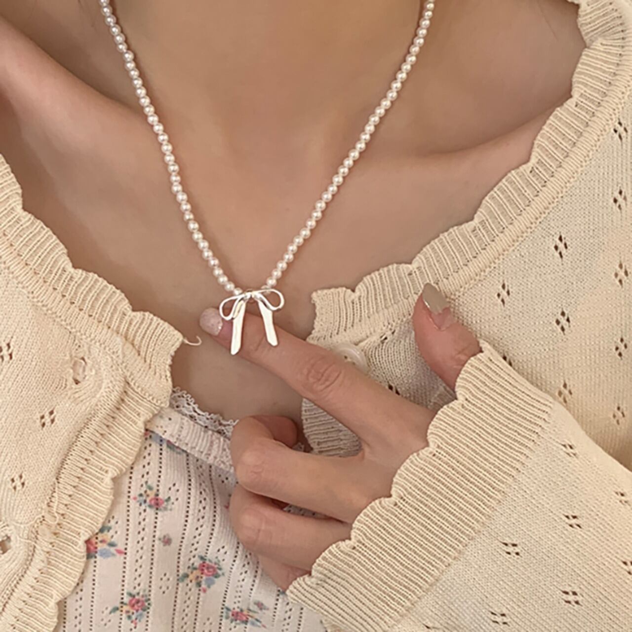 Weiwan925シルバー優しい真珠リボンネックレス