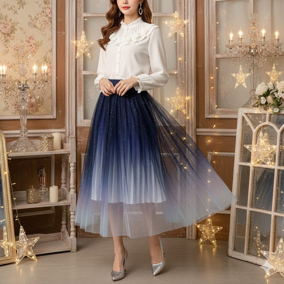 星空のスカート》夜空グラデーション・ラメチュール・プリーツ - Wezen