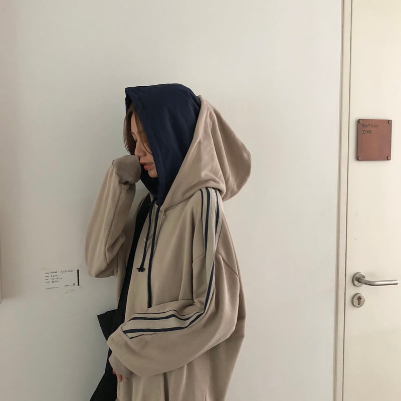 個性的☆ダブルフードパーカー フード付きスウェット ライン入り バイ