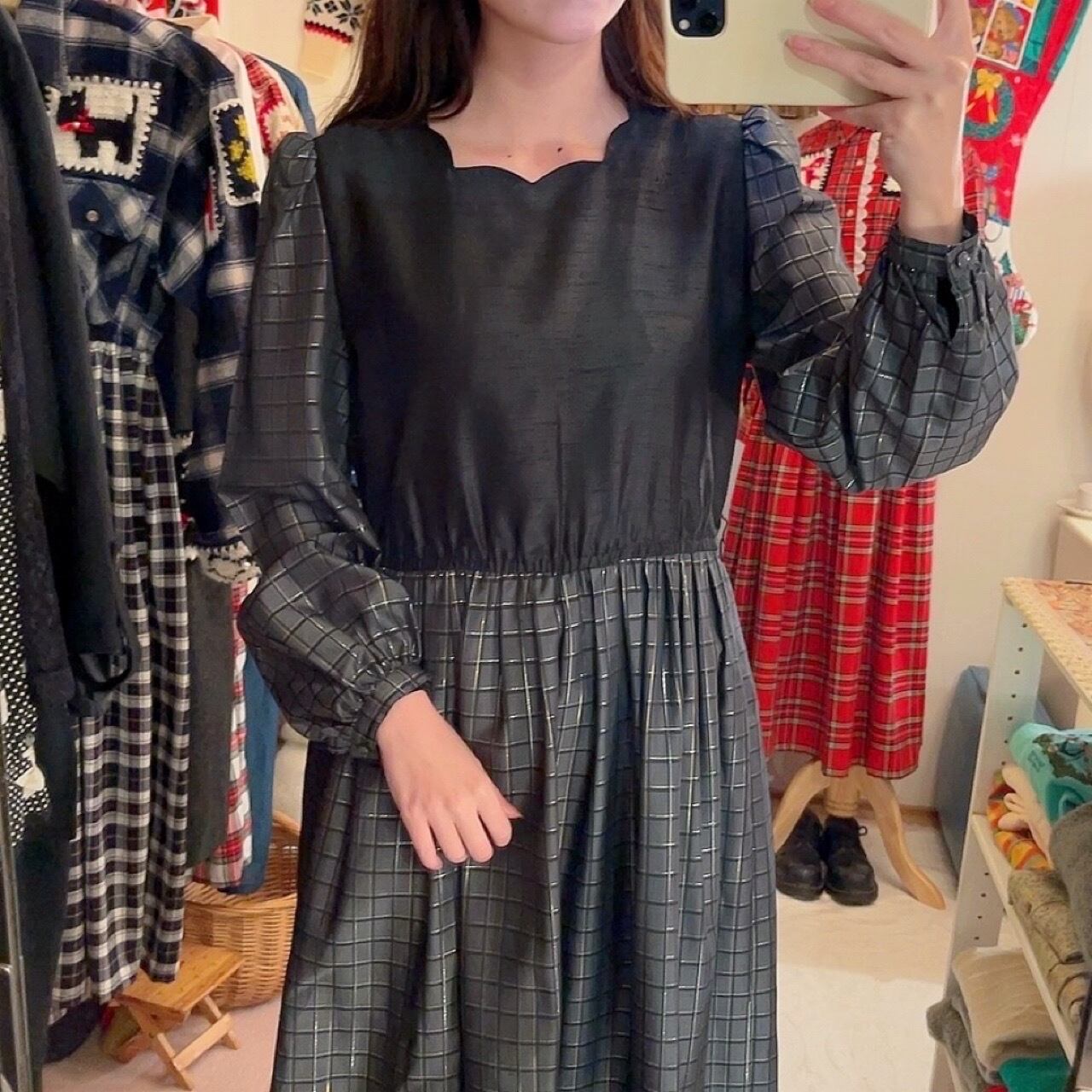 scallop gray lame check one-piece