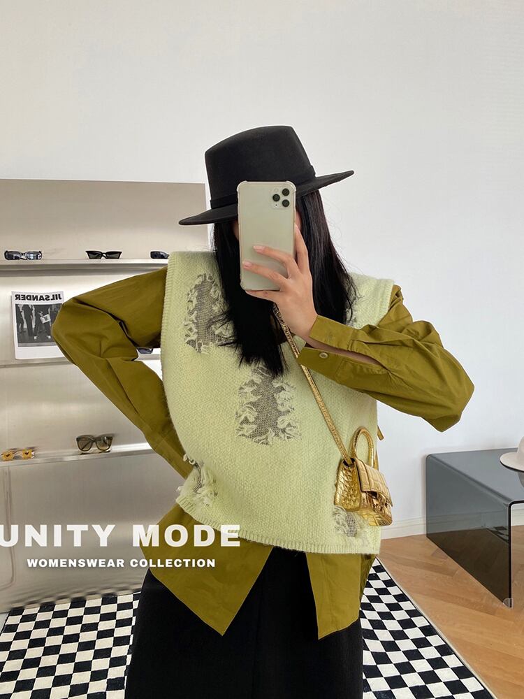 ニットオータムルーズVネックノースリーブソリッド カラー ストリート 秋物 ソリッドカラー ビッグFスモールZ韓国43134898675