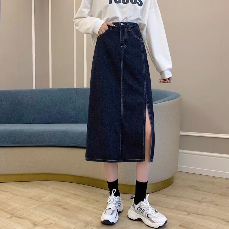 ダークブルースカート スプリングオータムロング 春物 秋物 試着室40010216949