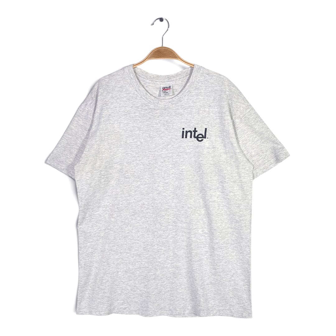 90s インテル IT 企業系 USA製 ヴィンテージ Tシャツ INTEL INVOLVED シングルステッチ ANVIL グレー サイズL 古着 BZ0552