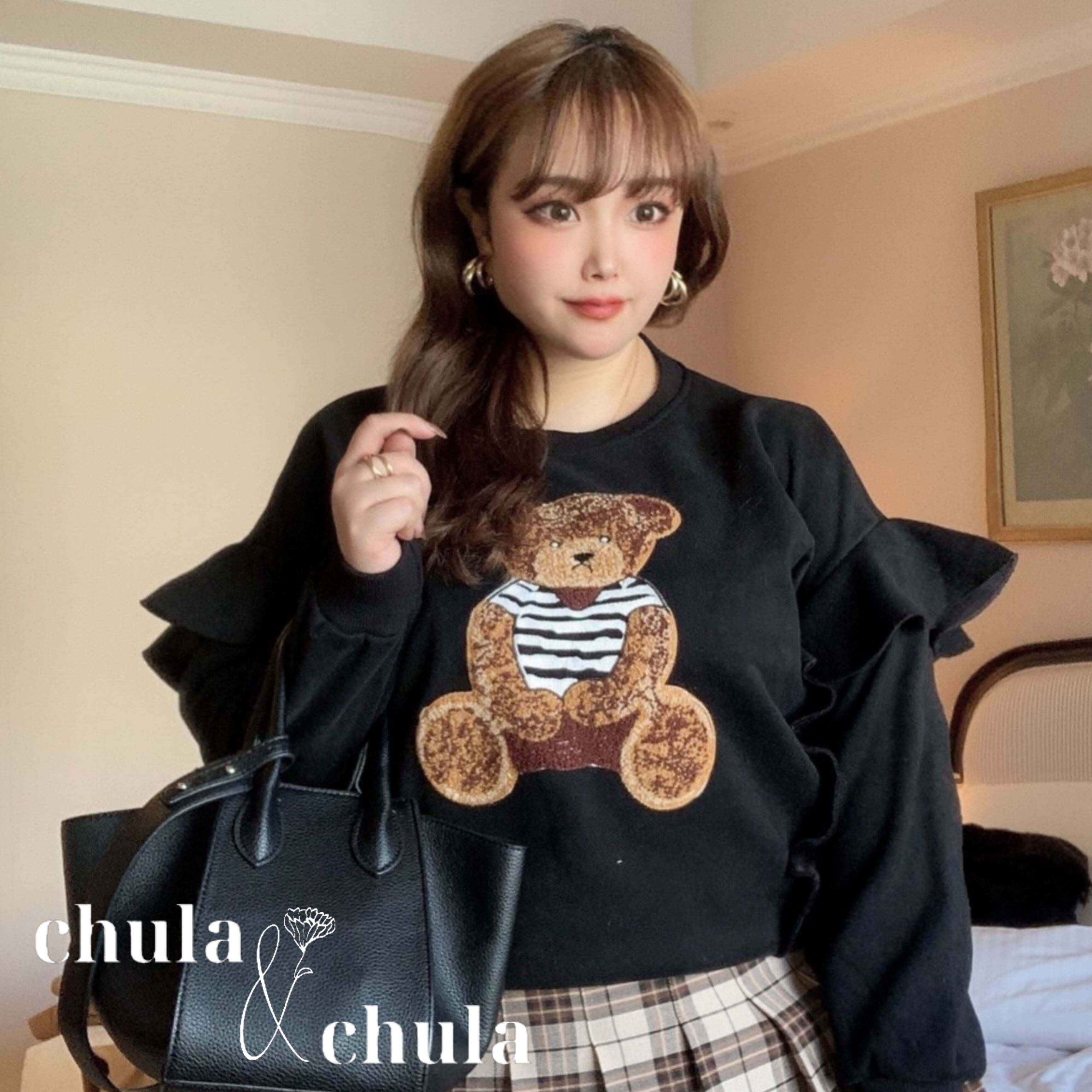 1点限定 即納 くまさんトレーナー フリル トップス スウェット ベアー クマ 可愛い カジュアル ゆったり Ch2956 可愛い大きいサイズ韓国レディースファッション通販 Chulachula チュラチュラ