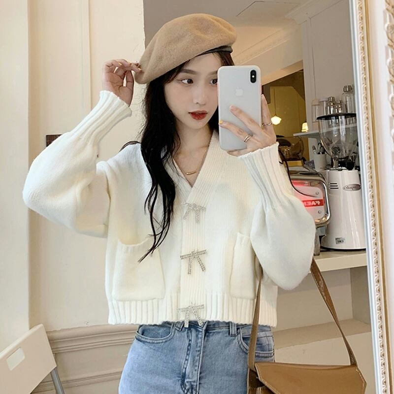 ショートセーター コート スプリングオータムルーズVネックニットカーディガン 春物 秋物 試着室18759732383