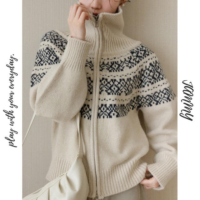 fair isle zip-up cardigan　J00436