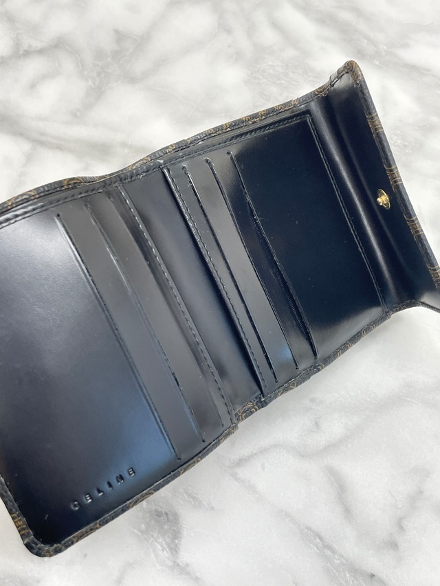 CELINE セリーヌ マカダム ブランドロゴ PVC×レザー がま口 財布ブラック ircxh8