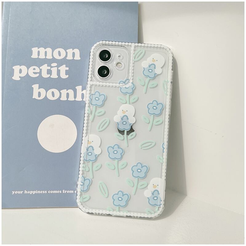 癒し系ケース◎お花とアヒルさん 透明 かわいい iphoneケース クリア 淡色 スマホケース ND-14606
