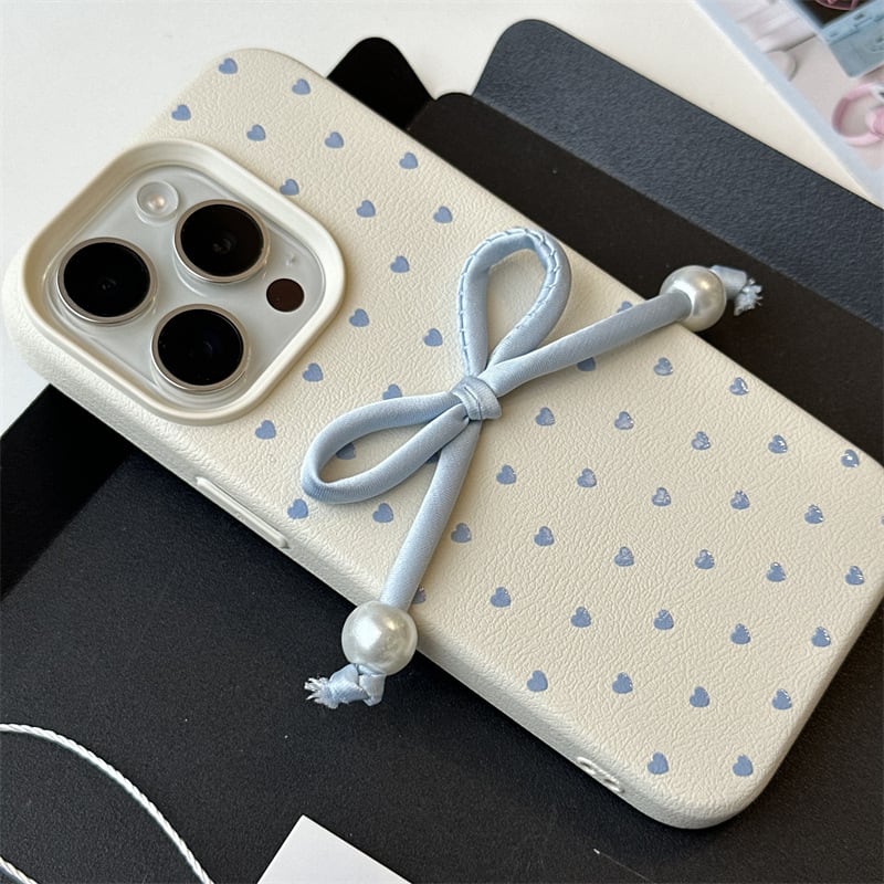 ブルーハートのドット柄◎かわいい リボンデコ 韓国ケース 水玉 蝶々