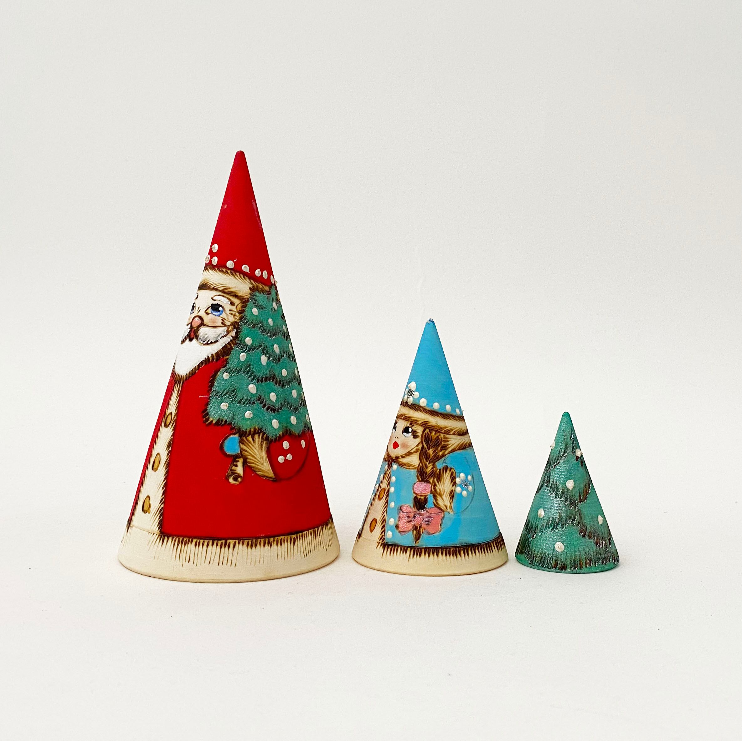 サンタ/ジェドマロースと孫娘 焼ごて円錐マトリョーシカ(3個組)