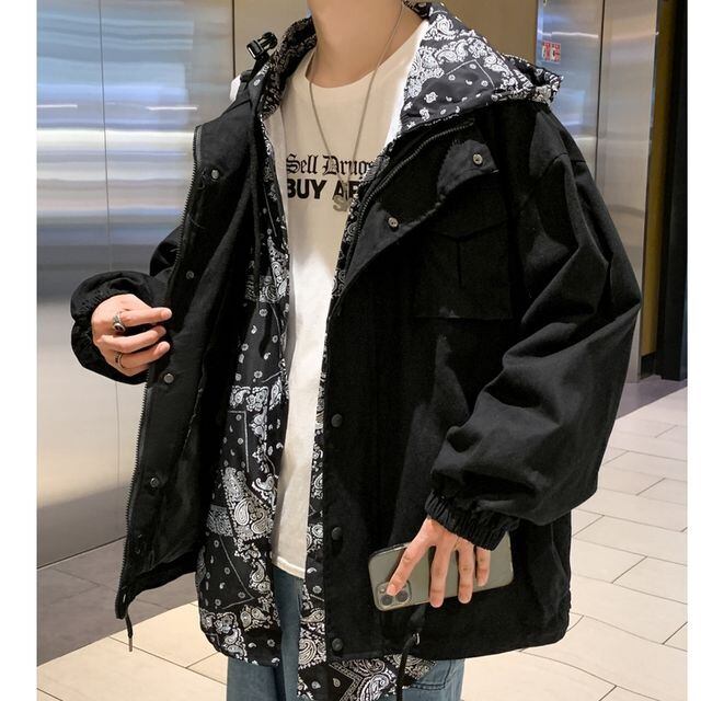 【予約販売】ジャケット レイヤード風 ブルゾン アウター ペイズリー柄 メンズ ブラック ブルー お洒落 こなれ感 ベーシック 秋 春 大きいサイズ M/L/XL/2XL/3XL/4XL/5XL