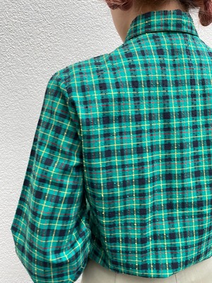 VINTAGE 50's green check round collar blouse