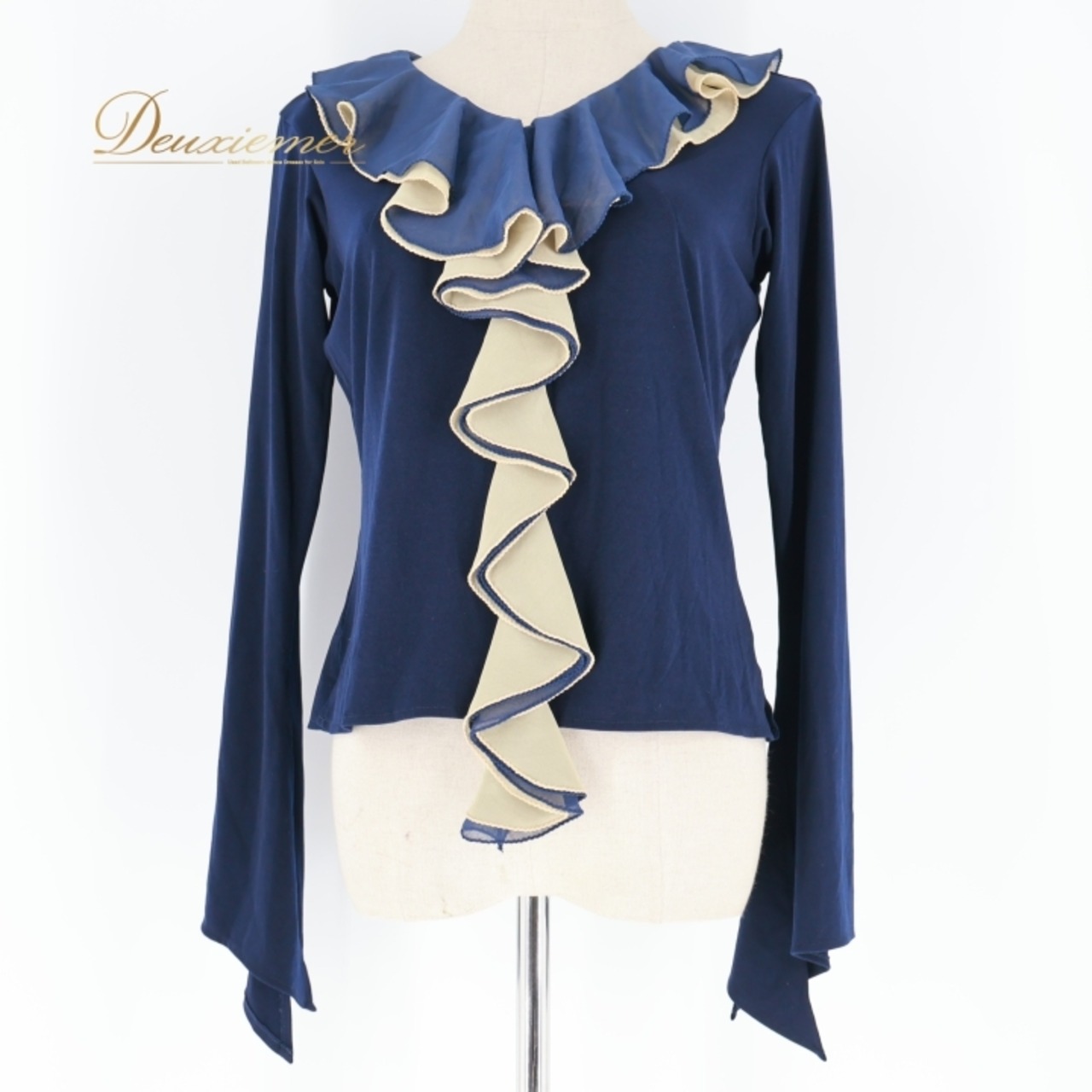 社交ダンス 衣装 トップス ネイビー系 タカダンス TAKA DANCE フリル 華やか 上品 レッスン 練習 紺 伸縮 ストレッチ かわいい 長袖 日本製 ダンス衣装 ブラウス ベージュ系