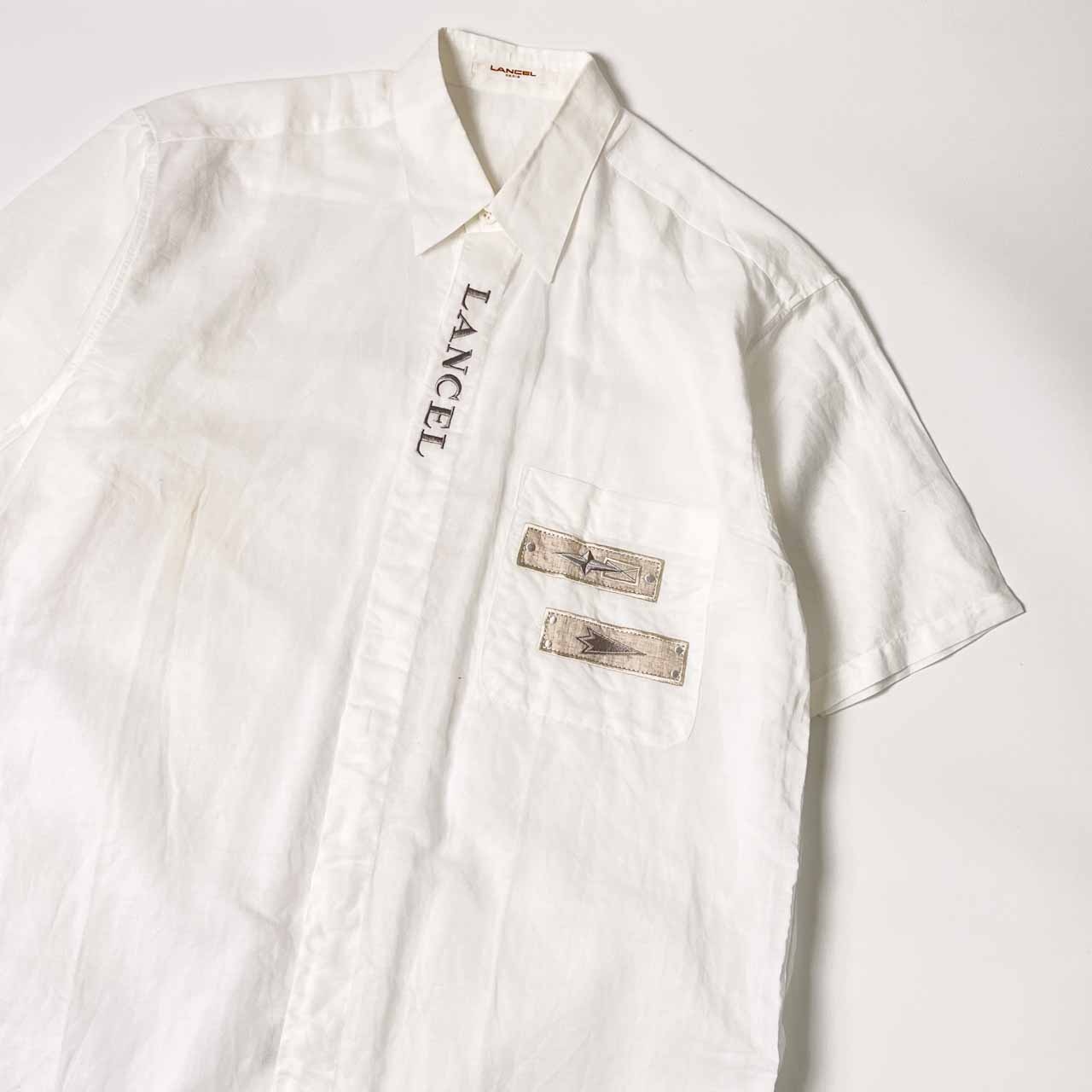 リネン混 LANCEL PARIS ランセル 刺繍デザイン 比翼 半袖シャツ M/ホワイト メンズ 薄手