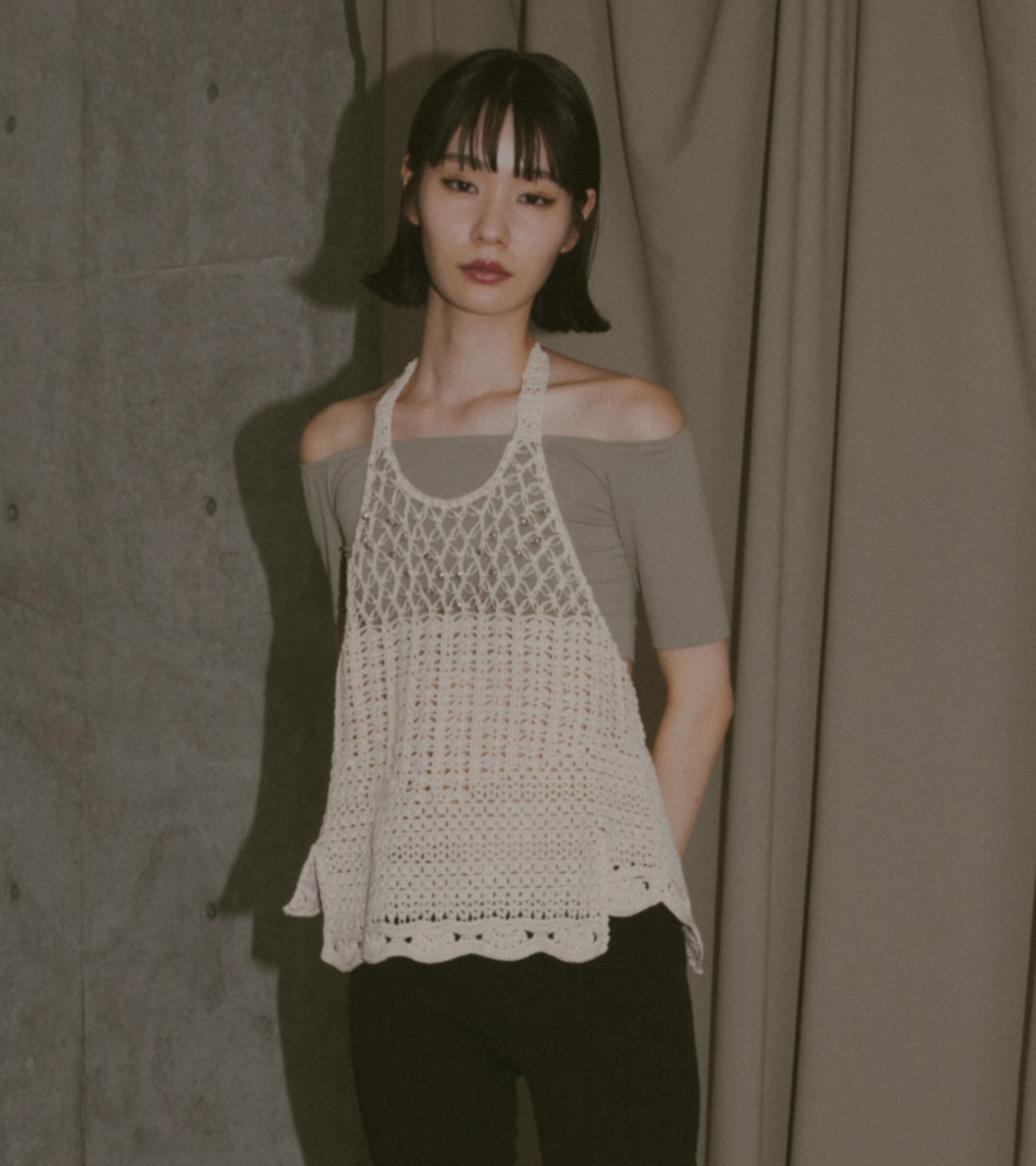 Lover’s knot & beads crochet top・C/♯ecru